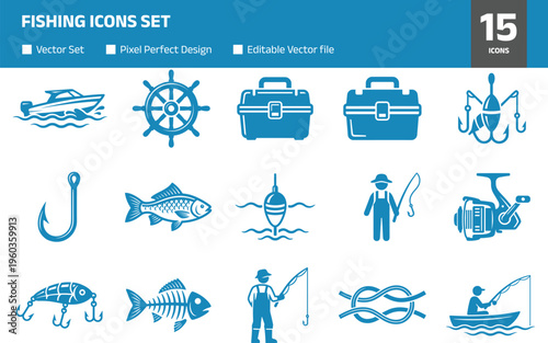 Fishing icons set, angler, hooks, lures, boat, tackle box and gear collection, outdoor sport vector silhouettes isolated on white background