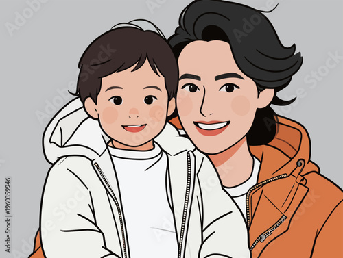 Mother and child share a moment together, smiling in casual coats against a neutral background