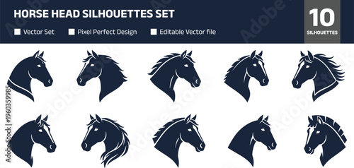 Horse head silhouettes set, equine profile collection, detailed mane styles vector illustration isolated on white background for farm and design