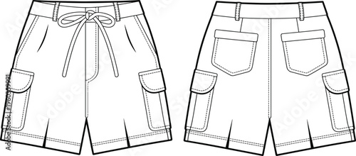 Vector, technical, sketch, of, mens, cargo, shorts, featuring, side, flap, pockets, drawstring, waist, and, back, view, for, apparel, manufacturing, design