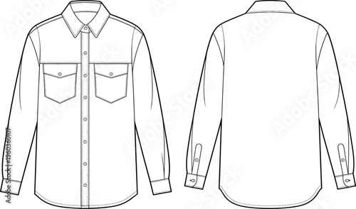 Vector, technical, sketch, of, mens, long, sleeve, button, down, shirt, with, chest, pockets, collar, front, and, back, view, for, manufacturing