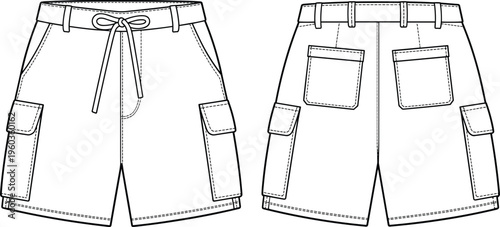 Vector, technical, sketch, of, mens, cargo, shorts, featuring, side, pockets, drawstring, waist, and, back, views, for, fashion, design, and, manufacturing