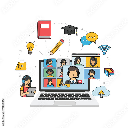 Laptop displays video calls with diverse participants connected by educational and digital icons
