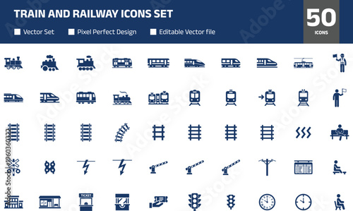 Train and railway icons set, locomotives, metro, tracks, signals and stations collection, transport vector silhouettes isolated on white background for design