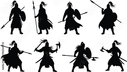 Viking Warrior Silhouette Vector Set, Medieval Knight Standing with Spear and Shield, Nordic Soldier Ancient Battle Axe Graphics, Fantasy Fighter Stencil