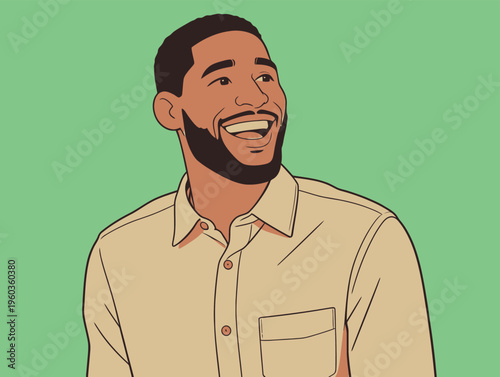 Smiling man wears a light shirt and shares a joyful moment in front of a plain green background