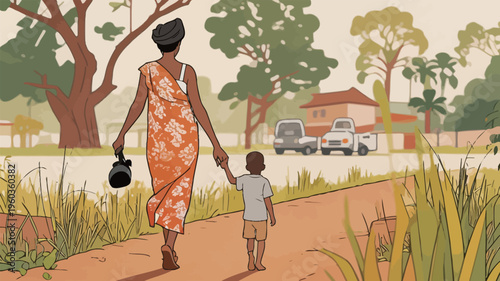 Woman walks with child on dirt path through green field near buildings in the background during daytime