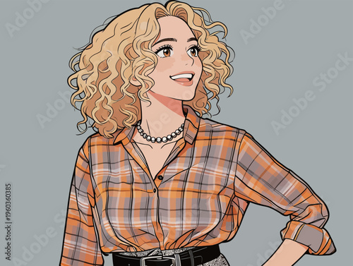Young woman with curly hair wearing a checkered shirt and smiling against a plain gray backdrop