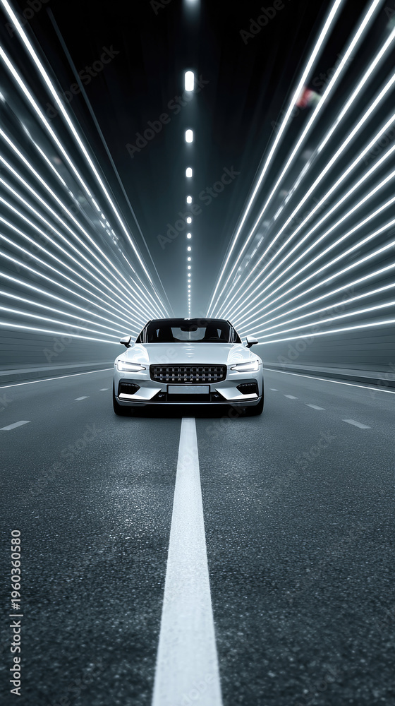 Fototapeta premium Futuristic Electric Car Driving Through Illuminated Tunnel with Dynamic Light Streaks