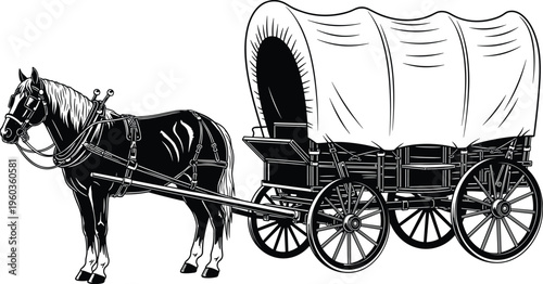 Vintage black and white woodcut illustration of a horse pulling a covered pioneer wagon, historic western transportation isolated on white,
