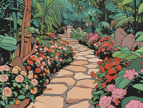 Colorful flowers and stone path in a garden with greenery and trees at midday