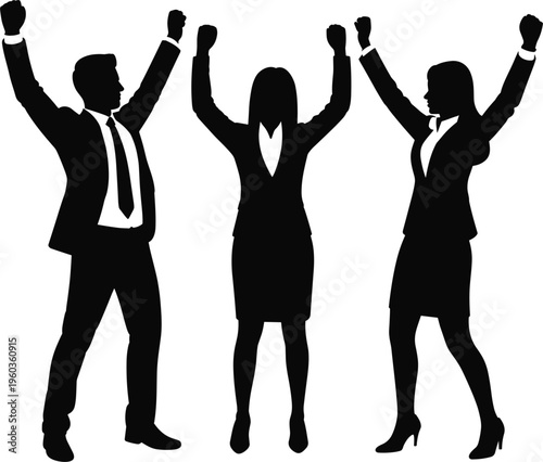 Business people celebrating success silhouettes vector illustration, corporate team raising hands victory achievement teamwork concept