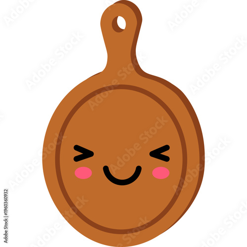 A cartoon frying pan with a smiling face winks playfully on a white background.