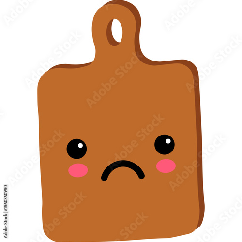 A sad brown cutting board with a frowning face looks unhappy on the kitchen counter.