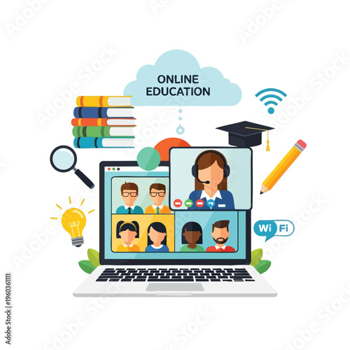 Laptop displays video call with diverse students and instructor, symbolizing online education