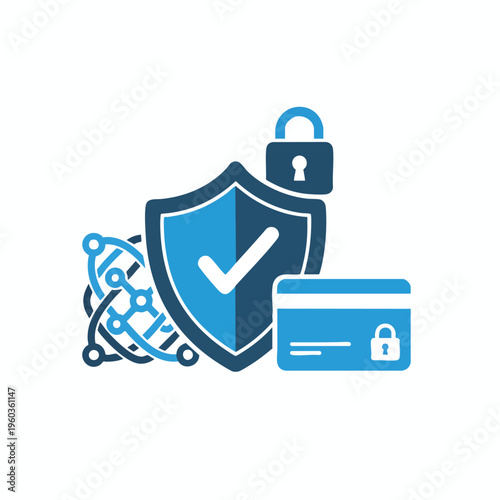 Digital security icons shield, checkmark, padlock, network, and credit card