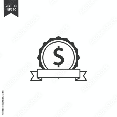 A dark grey coin with a dollar sign and a ribbon below it