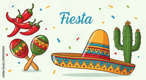 Vibrant fiesta celebration with sombrero maracas chili peppers and cactus on confetti background for party and holiday concepts