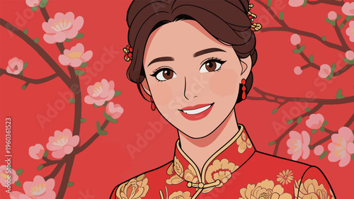 Celebration of culture with a woman in traditional dress smiling against a floral backdrop during a festival