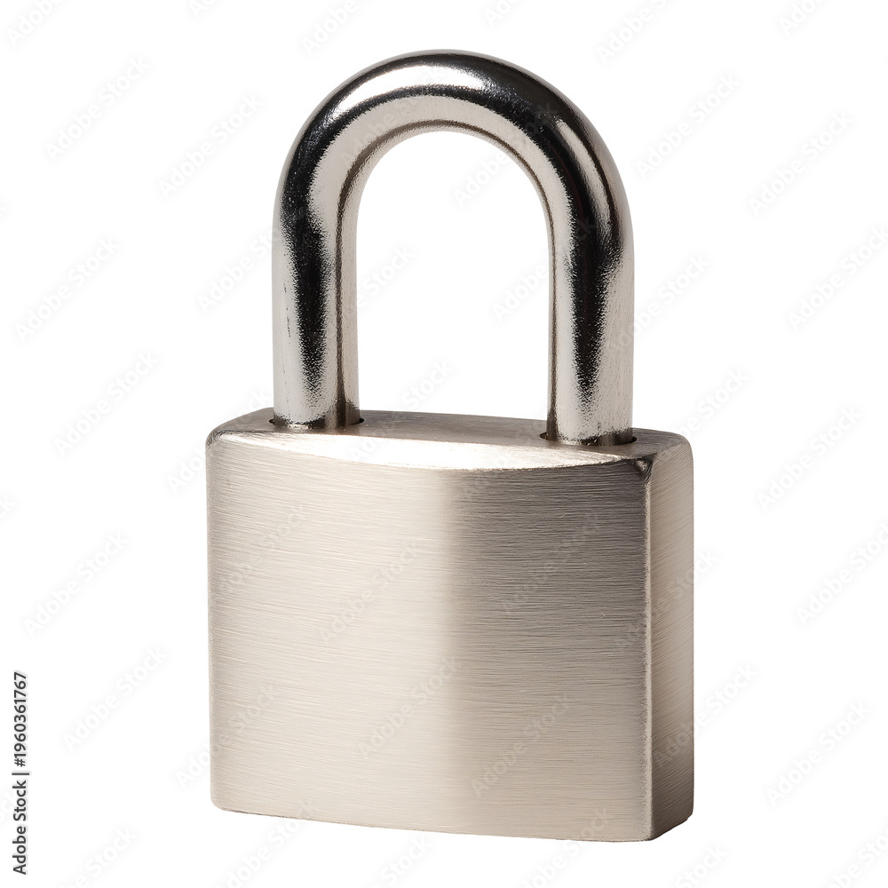 Naklejka premium A shiny metal padlock with an open U-shaped shackle sits on a surface.