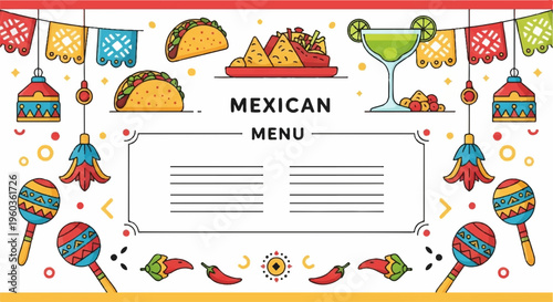 Vibrant mexican menu template with tacos maracas and festive decorations perfect for food and drink promotions