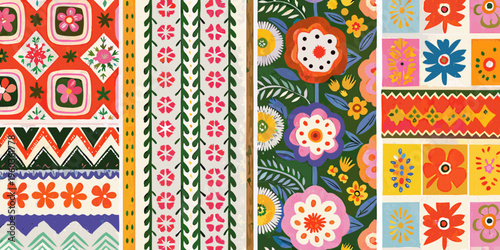 A vibrant collage of colorful floral and geometric patterned fabrics
