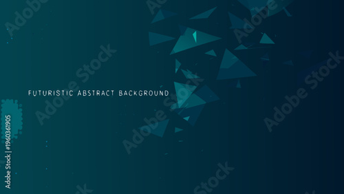 Dark blue abstract background with fragmented geometric shapes and text