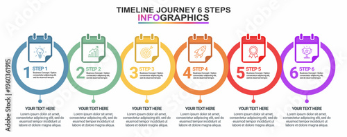 Modern Timeline Infographic with 6 Steps, Business Journey Roadmap, Project Milestones and Progress Workflow Diagram
