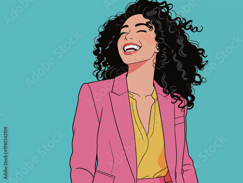Woman smiling in bright outfit with curly hair standing against blue background