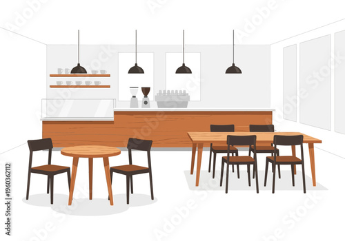 Cozy cafe interior with wooden tables and chairs, serving counter, and shelves with cups