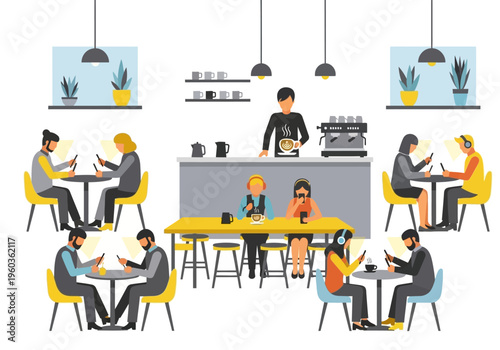 People using smartphones and tablets in a modern cafe, a lively social hub with technology integration