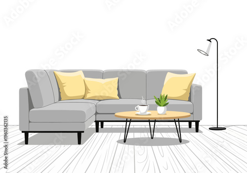 Cozy living room setup with a sectional sofa, coffee table, and floor lamp on a wooden floor