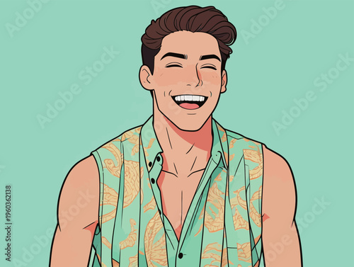 Young man smiles brightly while wearing a patterned shirt against a solid background during a casual moment