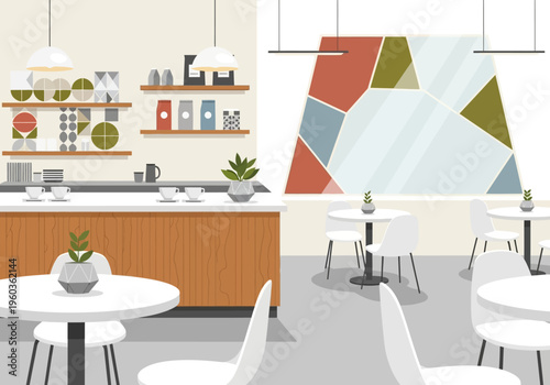 Cozy and inviting cafe interior with modern geometric wall art and comfortable seating