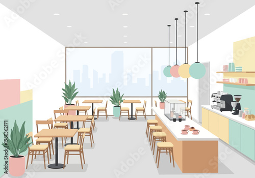 Cozy coffee shop interior with seating, counter, and large window with cityscape view