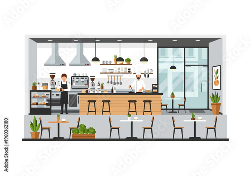 A vibrant illustration of a modern cafe interior with chefs preparing food behind the counter, showcasing a lively and inviting atmosphere