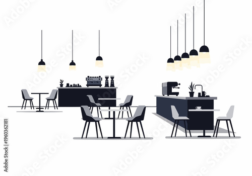 Interior design of a modern coffee shop with minimalist furniture and ambient lighting