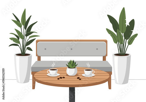 Cozy coffee corner with plants and seating, perfect for relaxation or conversation