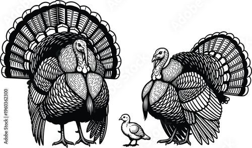 Vintage woodcut illustration of a wild turkey family with chick, traditional engraving style, Thanksgiving poultry, isolated on white background, vector.