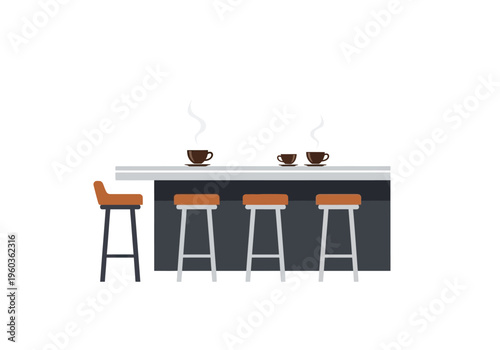 Modern bar with three stools and two cups of coffee on the counter