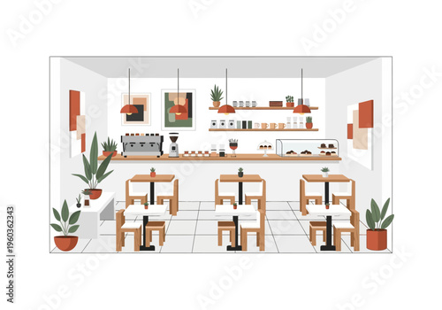 Modern cafe interior with coffee bar, seating area, and display cases filled with pastries