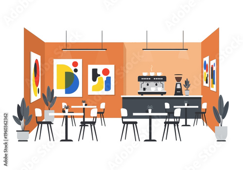 Modern cafe interior with artwork, tables, chairs, and coffee machine