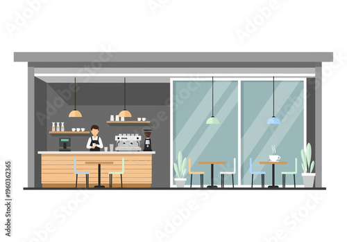 Illustration of a cozy coffee shop interior with a barista serving customers at the counter and tables with chairs