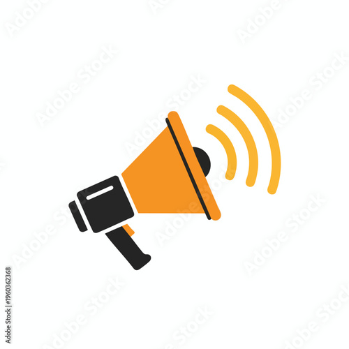 Orange and black megaphone graphic with sound waves emanating