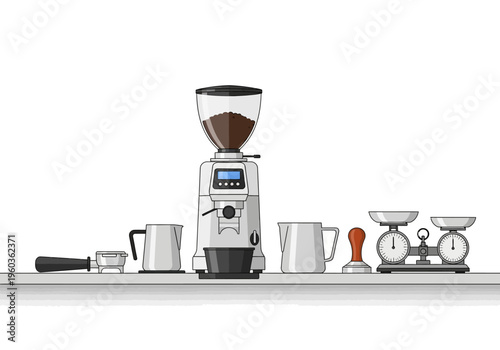 Collection of modern coffee brewing equipment, including grinder, tamper, pitchers, and scale