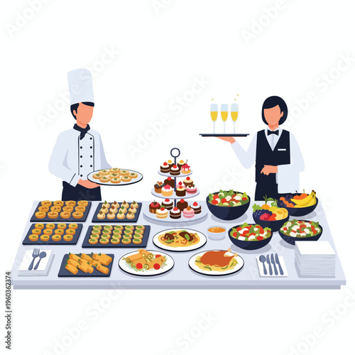 Chef and server present a bountiful buffet with an assortment of food, pastries, and drinks