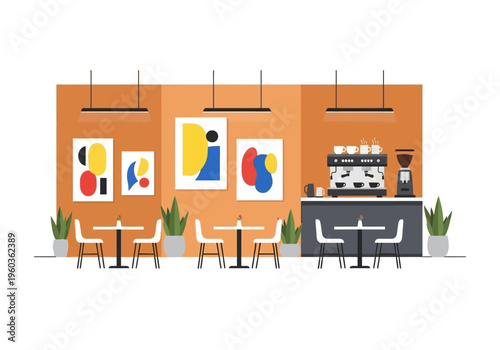 Modern cafe interior design with abstract art and coffee bar