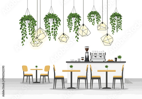 Cozy coffee shop interior with hanging plants, modern light fixtures, and seating arrangements