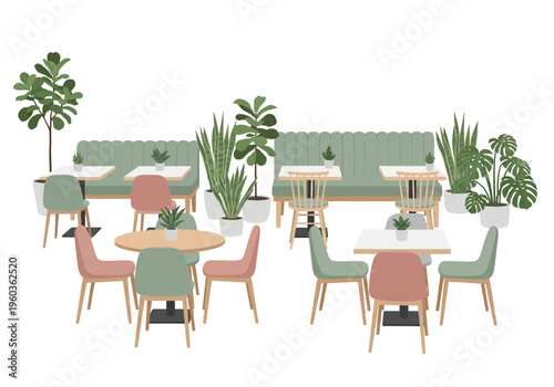 Modern cafe interior design with stylish furniture and lush green potted plants