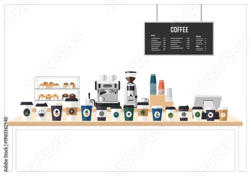 A vibrant display of coffee cups, pastries, and brewing equipment on a counter top, with a menu board above